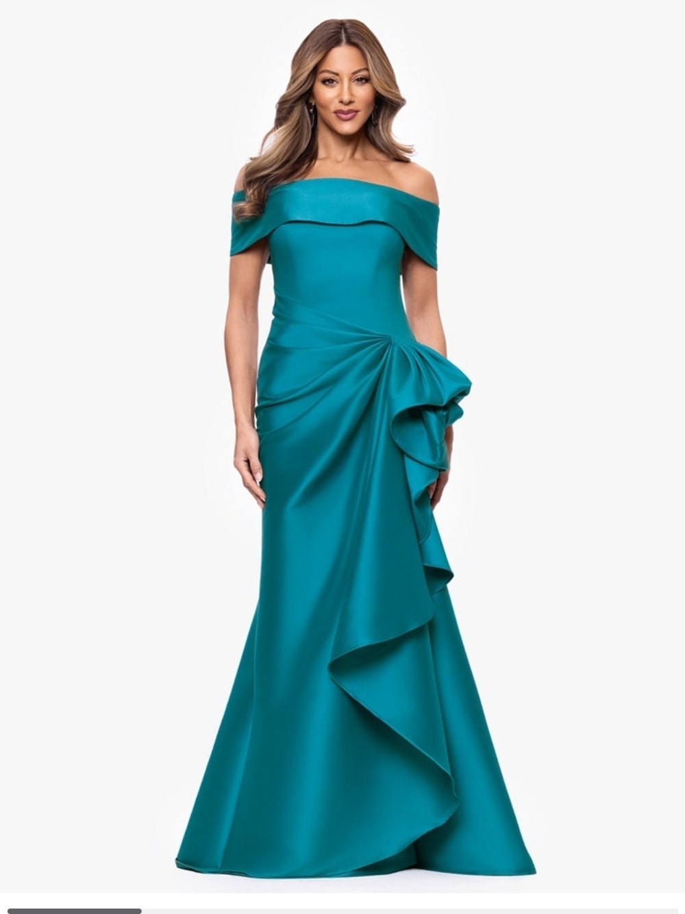 Xscape Teal Dress Evening Gown Mikado Off-The-Shoulder Ruffle Size 6